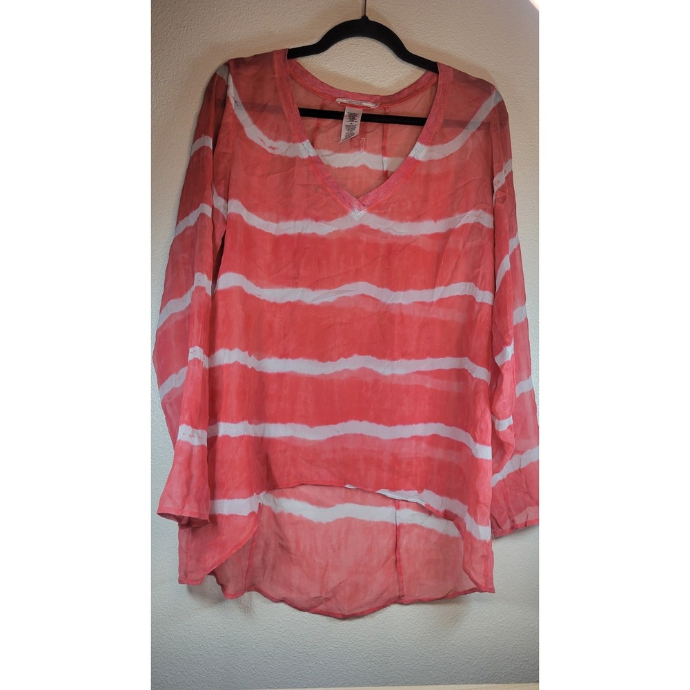 Language Silk‎ Sheer V-Neck Long Sleeve Blouse Coral Stripe Size M